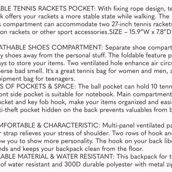 Tennis Bags for Men & Women, Large Waterproof Durable Tennis Backpack